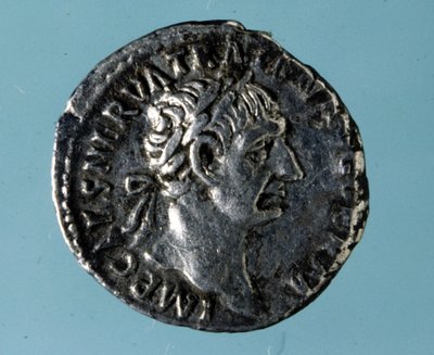 Silver coin with the effigy of the Roman Emperor Nerva (26 - 98). by Roman