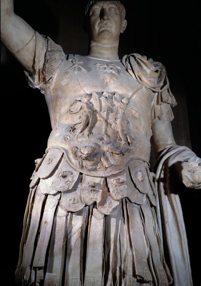 Statue of Roman Emperor Trajan (53-117 AD) standing, battleship. Detail of the armour representing Emperor Domitian (51-96). Around 108 AD. Paris, Louvre Museum by Roman