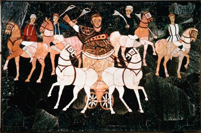 The Roman consul Iulius Annius Bassus represents on a quadriga of the sectile opus plate dating from the 4th century. Basilica of Junius Bassus (Basilica Iunii Bassi), Esquiline in Rome. Preserved at the Conservatori Museum, Rome by Roman
