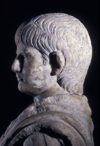 Togate statue of the young Nero, side view of the head (detail) by Roman