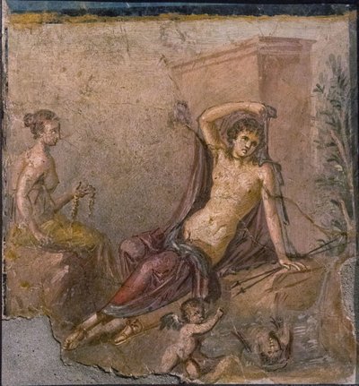 Narcissus, Echo and Eros, 1st half of 1st century AD by Roman Pompeian wall painting.