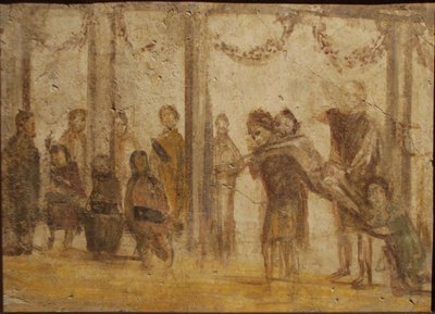 The Punishment of a Pupil. Fresco from the House of Julia Felix by Roman Pompeian wall painting.
