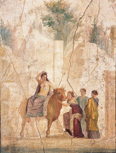 The Rape of Europa, 1st half of 1st century AD by Roman Pompeian wall painting.