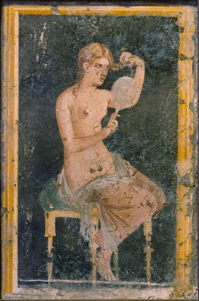 Woman with a Mirror, 1st H. 1st cen. AD by Roman Pompeian wall painting.