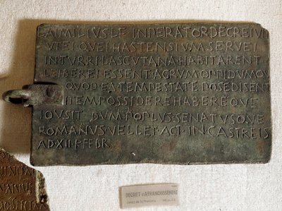 Decret of postage in Latin on bronze plate: it was promulgated on January 21 by Roman Roman