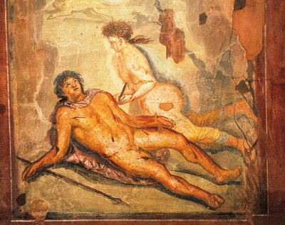 Fresco depicting myth of Pyramus and Thisbe, House of Loreio Tiburtino, Pompeii, Campania, Roman Civilization by Roman Roman
