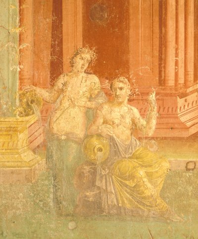 Fresco in Fourth Pompeiian Style on red background, House of Pinario Ceriale, Pompeii, Campania, Roman Civilization by Roman Roman