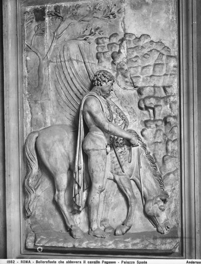 Imperial slab with carved relief depicting Bellerophon watering the winged horse Pegasus at a spring by Roman Roman