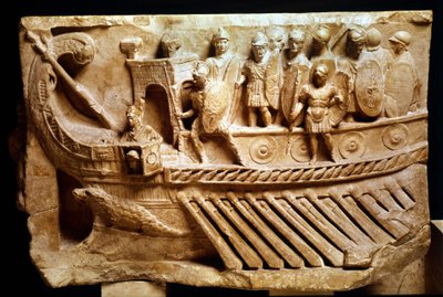 Low Roman relief depicting a bireme. A crocodile can be seen below the bow. Vatican, Vatican City, monuments, museums and pontifical galleries. by Roman Roman