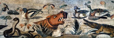 Mosaic Frieze from Pompei (fauna house, casa del Fauno - nilotic scene - animal life on the Nile: hippo, crocodile, snake, ducks - Roman art - Archeological Museum of Naples, Italy) by Roman Roman