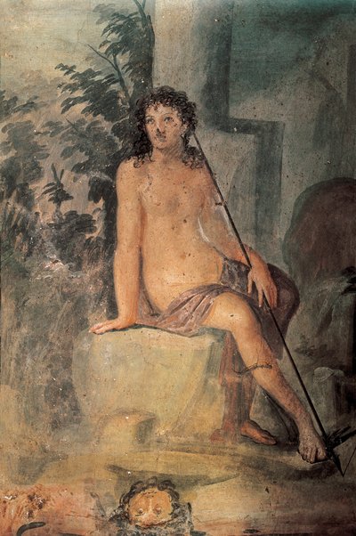 Narcissus at Fountain, fresco from House of Loreio Tiburtino, Pompeii, Campania, Roman Civilization by Roman Roman