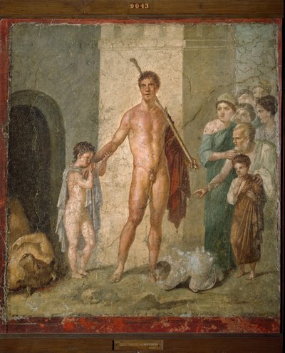 Representation of Theseus liberating the seven young men from the maze after triumph over the Minotaur. Fresco from the Villa de Gavius Rufus in Pompei. Archaeological Museum of Naples by Roman Roman