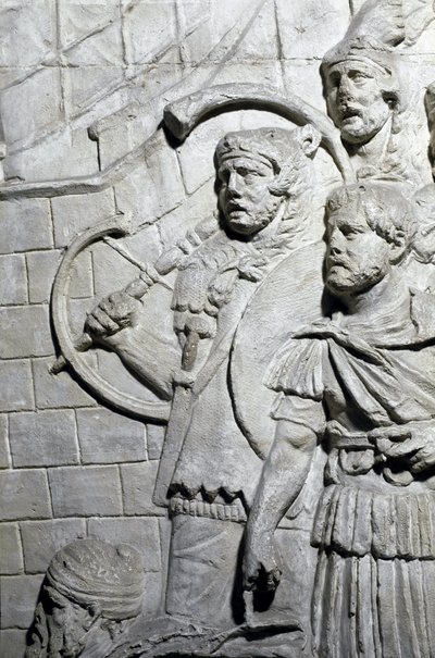 Roman Art: Roman warriors during the first war in Dacia. Mould of 1862 reproducing the bas-reliefs of the column of Trajan (Colonna Traiana) in Rome built during the reign of Emperor Trajan (53-117) by Roman Roman