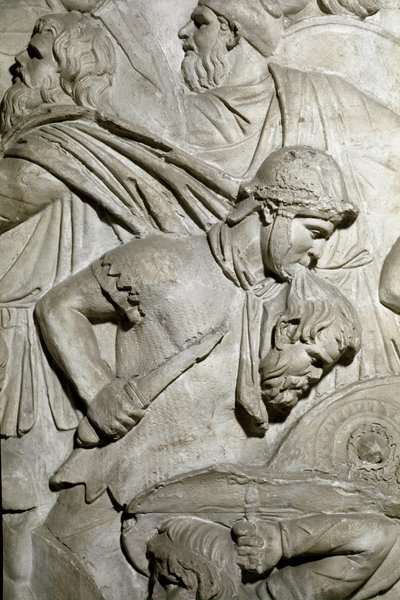 Roman warrior holding between his teeth the head of an enemy warrior by Roman Roman