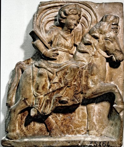 Roman art: the goddess Epona, deity of Gallic origin, patron of horsemen and travelers. Limestone stele found in Gannat (Allier), Auvergne. Saint Germain en Laye. Museum of National Antiquities by Roman Roman