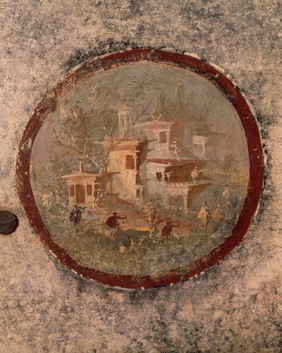 Round with Houses and Buildings, detail of fresco from House of Centenary, Pompeii, Campania, Roman Civilization (detail) by Roman Roman