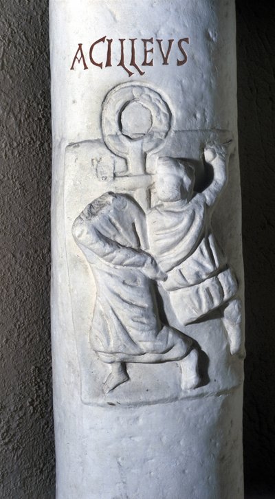 Saint Achilles, Roman martyr of the 4th century, beheaded by Caesar because he did not want to take an oath because he was Christian. Low relief of the catacombs from Santa Domitilla to Rome by Roman Roman