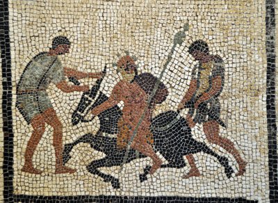 Drunk Silene rides on a donkey held by two servants. Mosaic from Pompeii, house of Paquius Proculus or C. Cuspius Pansa - Archaeological Museum of Naples, Italy by Roman Roman
