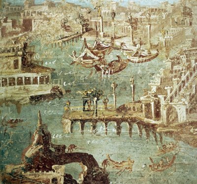 View of the Port of the city Campana (Pozzuoli) in Italy, Fresco of Stabia. by Roman Roman