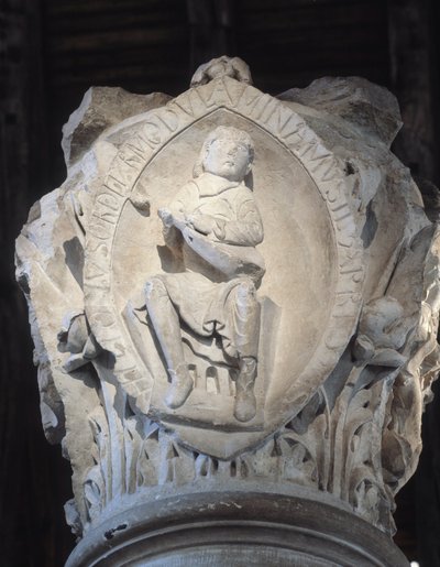 Capital of the choir representing the first tone of Gregorian chant by Romanesque