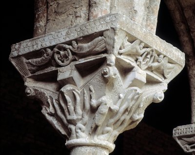 Capital representing the three Jews in the fiery furnace (sculpture) by Romanesque