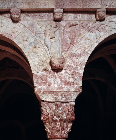 Symbols of evangelists John and Marc, carved on the tribune of the Priory (detail) by Romanesque