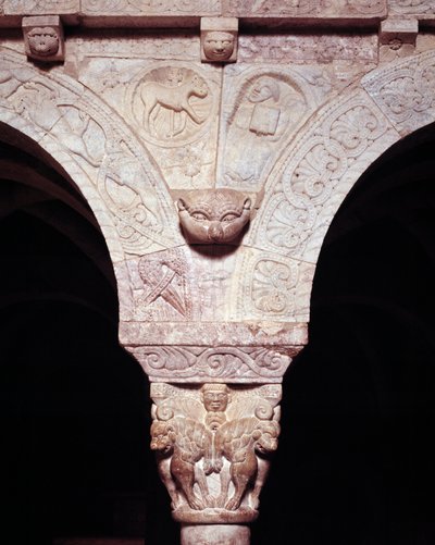 Detail of the lamb of God and symbol of evangelist Luke, carved on the tribune of the Priory by Romanesque