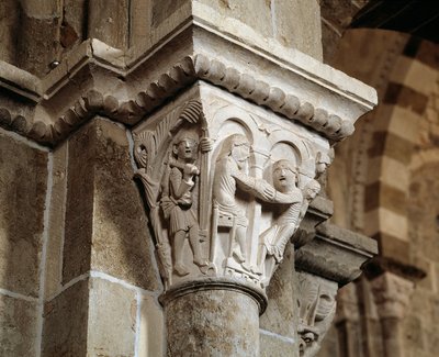 Esau returns from hunting and finds himself in front of his father Isaac who is blessing Jacob (carved capital) by Romanesque