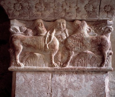 Hunting scene, carved capital in the tribune of the Priory by Romanesque