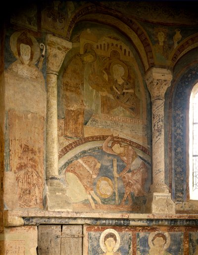 Romanesque Art: Painting depicting the martyr of Saint Laurent. Fresco. Chapel of the Chateau des Moines, Berze la Ville, France by Romanesque