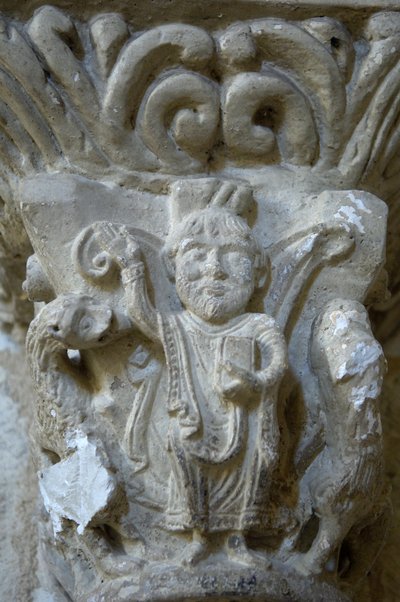 Romanesque art: detail of a capital of the church of Saint Blaise, Lacommande (Atlantic Pyrenees) by Romanesque