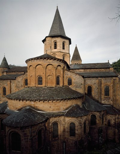 Romanesque art: view of the church of the Abbey Sainte Foy of Conques by Romanesque