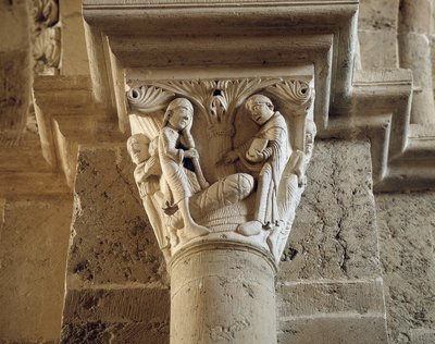 Saint Benedict resuscitates the son of a peasant, capital of the narthex by Romanesque