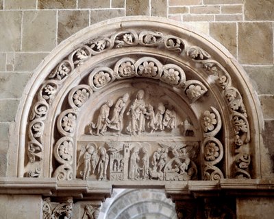 South portal: the annunciation, the visitation, the nativity and adoration of magi (sculpture) by Romanesque