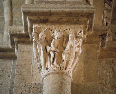 The devil shows a woman to Saint Benedict to tempt him, capital of the narthex (sculpture) by Romanesque