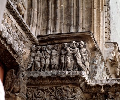 The kiss of Judas, frieze of the portal by Romanesque