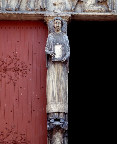 View of a sculpture on the central pillar of the central portal (1140-1200) by Romanesque