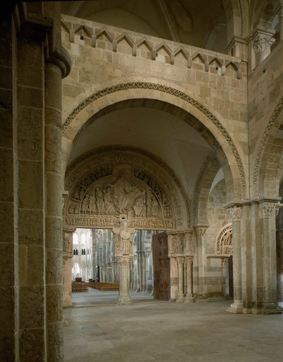 View of the nartex and central eardrum representing the mission of the apostles. Basilica of Santa Maria Magdalene, Vezelay, Yonne by Romanesque