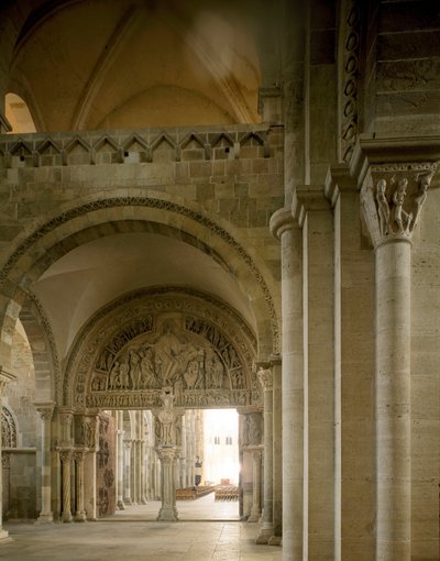 View of the nartex and central eardrum representing the mission of the apostles. Basilica of Santa Maria Magdalene (1096-1106), Vezelay, Yonne by Romanesque