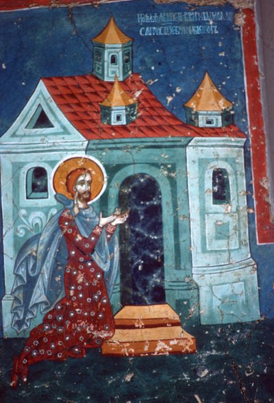 St. Nicetas Praying in Front of a Church by Romanian School
