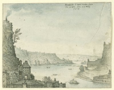 View of a City by a River by Rombout van den Houte