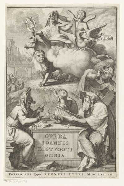 Allegorical Figure with Jewish Man Title Page for: John Lightfoot, Opera Joannis Ligtfooti Omnia, 1686 by Romeyn de Hooghe