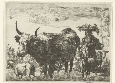 Shepherdess with Basket on Head, a Cow, Two Goats, and Two Sheep in the Water by Romeyn de Hooghe