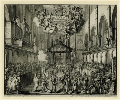 Choir of Westminster Abbey with the Funeral for the Queen, 1695 by Romeyn de Hooghe