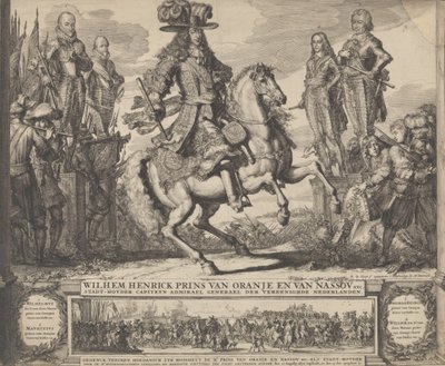 William III as Prince of Orange, with the four preceding Stadthouders, William I, Maurice by Romeyn de Hooghe