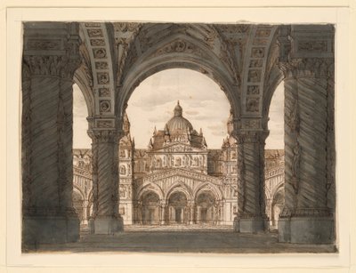 Stage Design, Church Facade from a Loggia, I due Valdomiri by Felice Romani, music by Pietro de Winter. Performed at La Scala, Milan, 1818 by Romolo Achille Liverani
