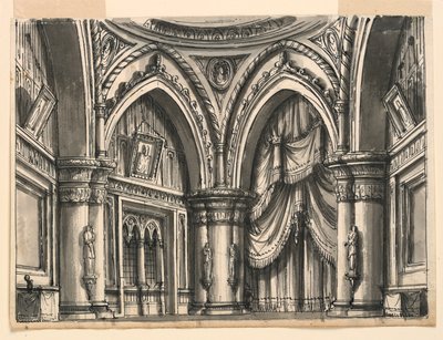 Stage Design, Interior of High Gothic Hall with Ogival Arches by Romolo Achille Liverani