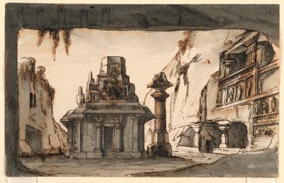 Stage Design, Oriental Buildings Amidst Caves and Rocks by Romolo Achille Liverani