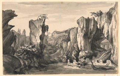 Stage Design, Rocky Valley with Buildings by Romolo Achille Liverani