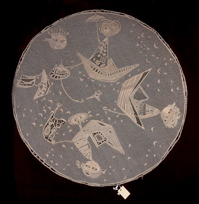 Burano stitch (Punto Burano) needle lace centerpiece entitled Japanese Fishing by Romualdo (after) Scarpa
